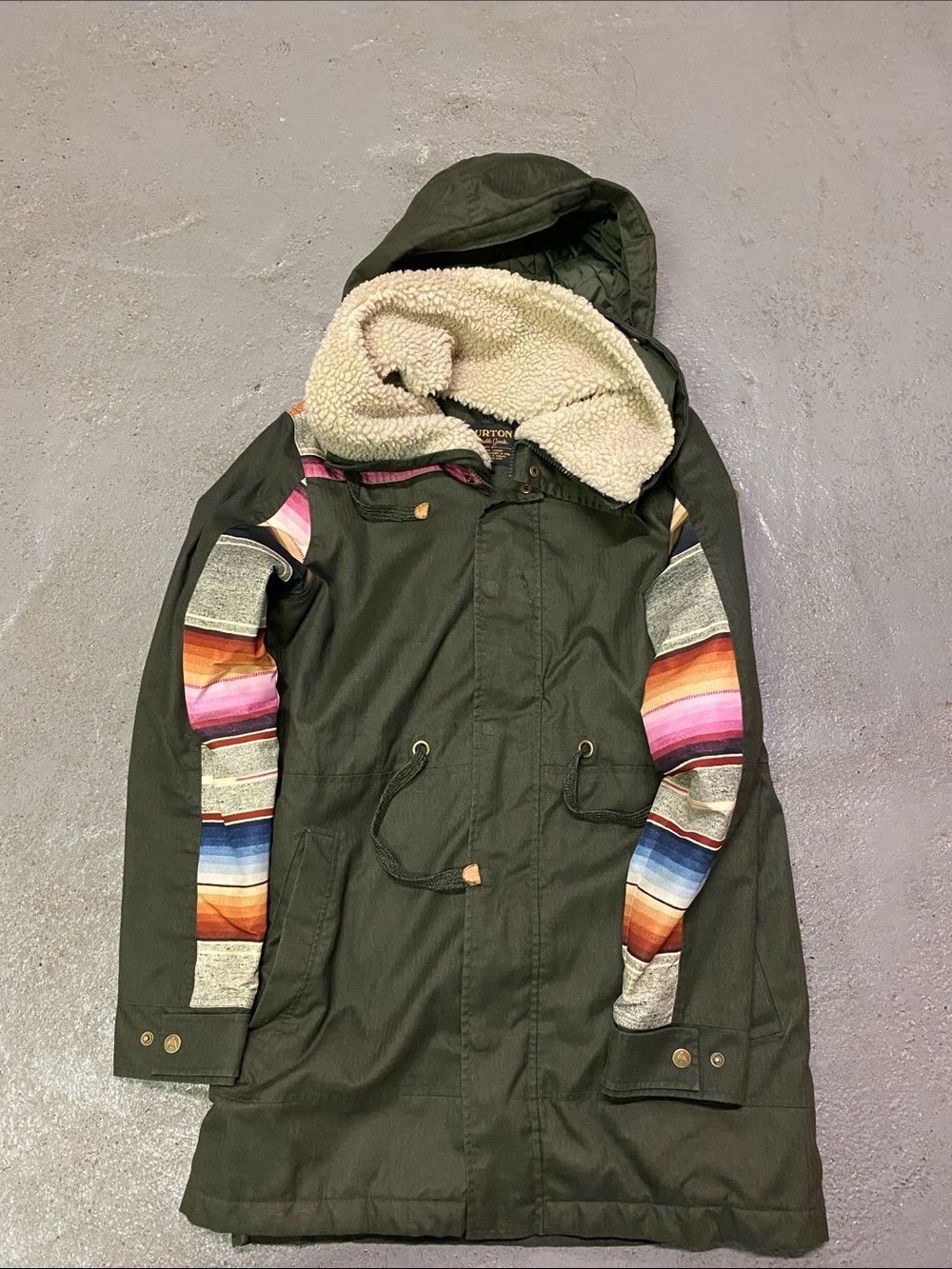 Burton Olive Hooded Parka with Multicolor Striped Sleeves